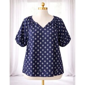 Lane Bryant Peasant Popover Top Navy Blue Cotton Puff Sleeve Size 22/24